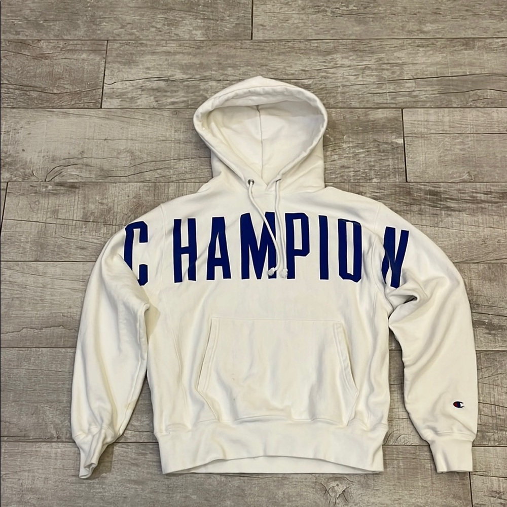 Champion Reverse‎ Weave Hoodie Mens Medium White Spell Out All Over Print Hooded